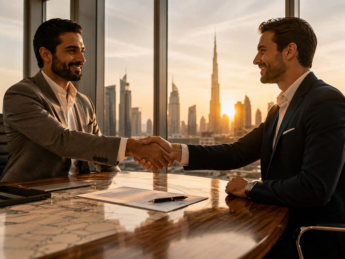 Al Ranim Properties advisor closing a Dubai property deal with a handshake across a conference table