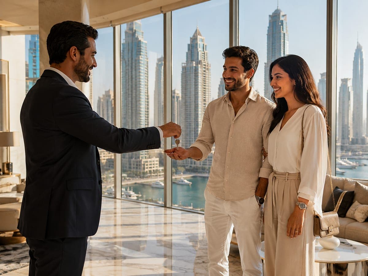 Al Ranim Properties handing keys to a new owner in their Dubai apartment