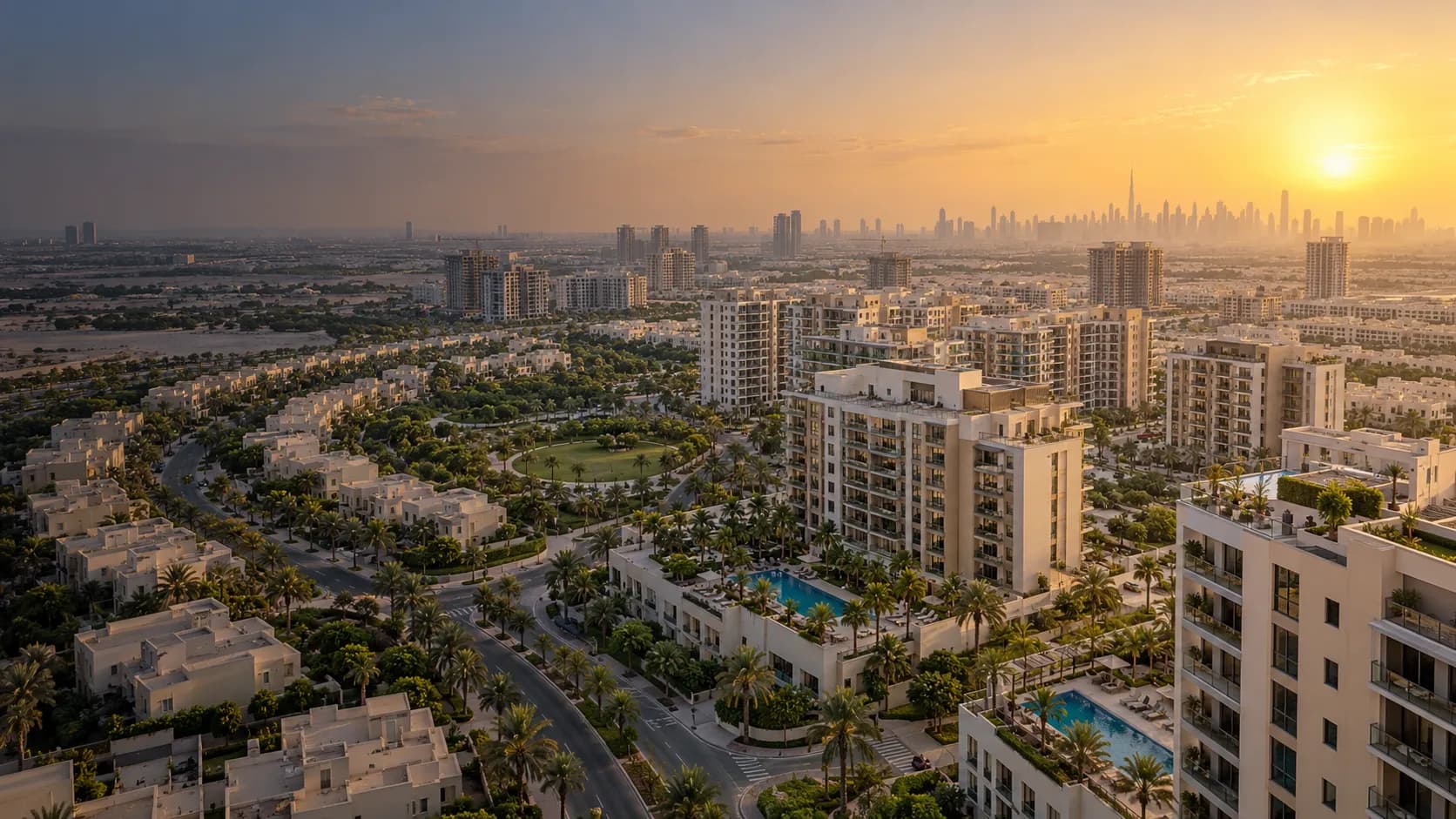 Aerial view of a green Dubai community with townhouses, parks and mid-rise apartment buildings at sunset