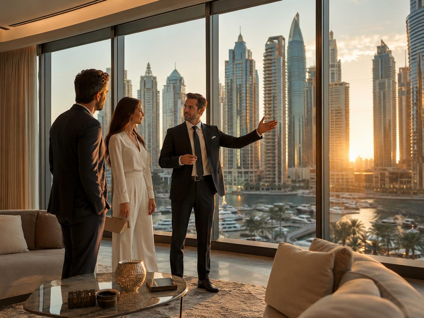 Property consultant presenting a Dubai residence to clients