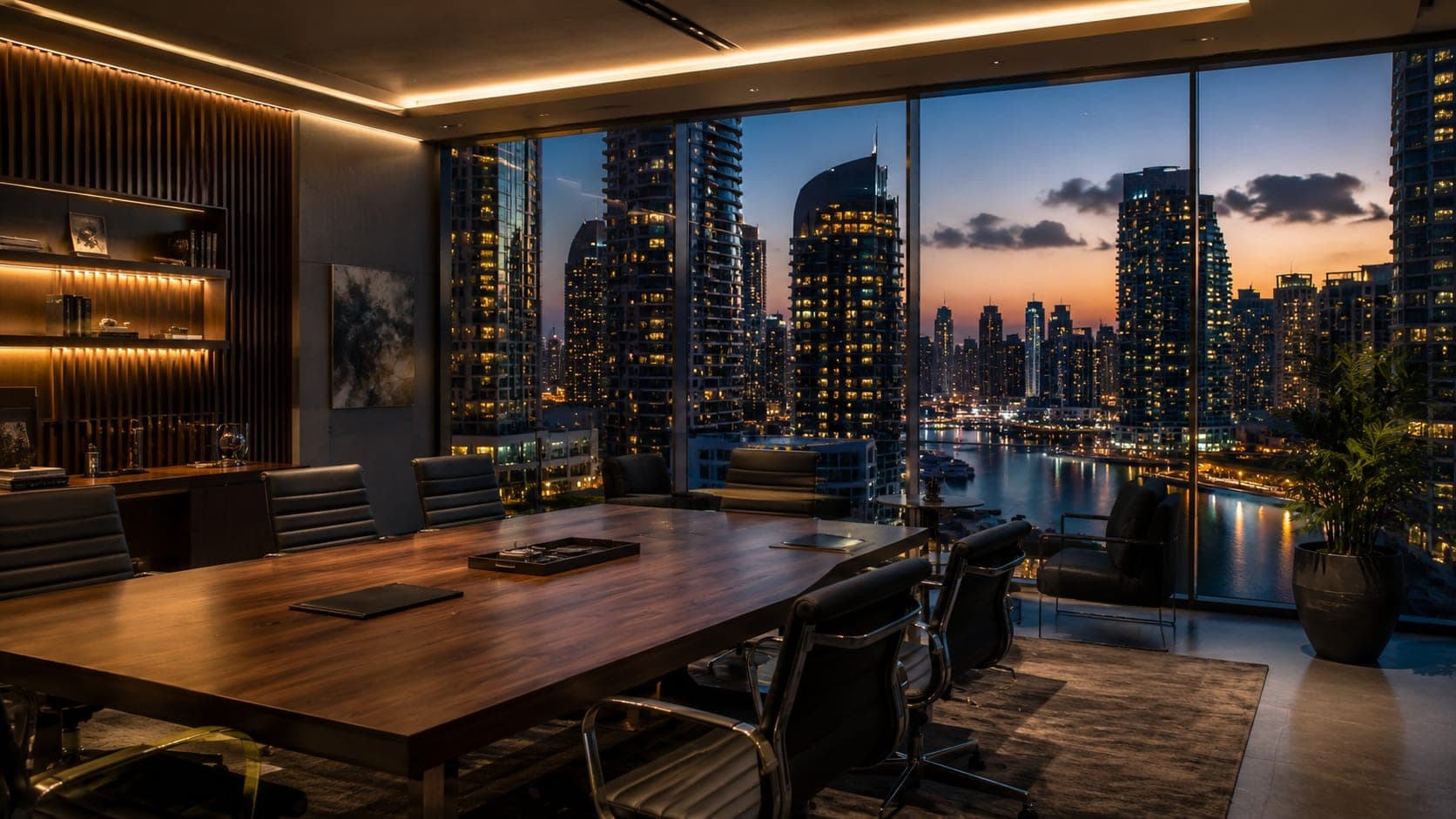 Al Ranim Properties team at our Dubai Marina office at twilight