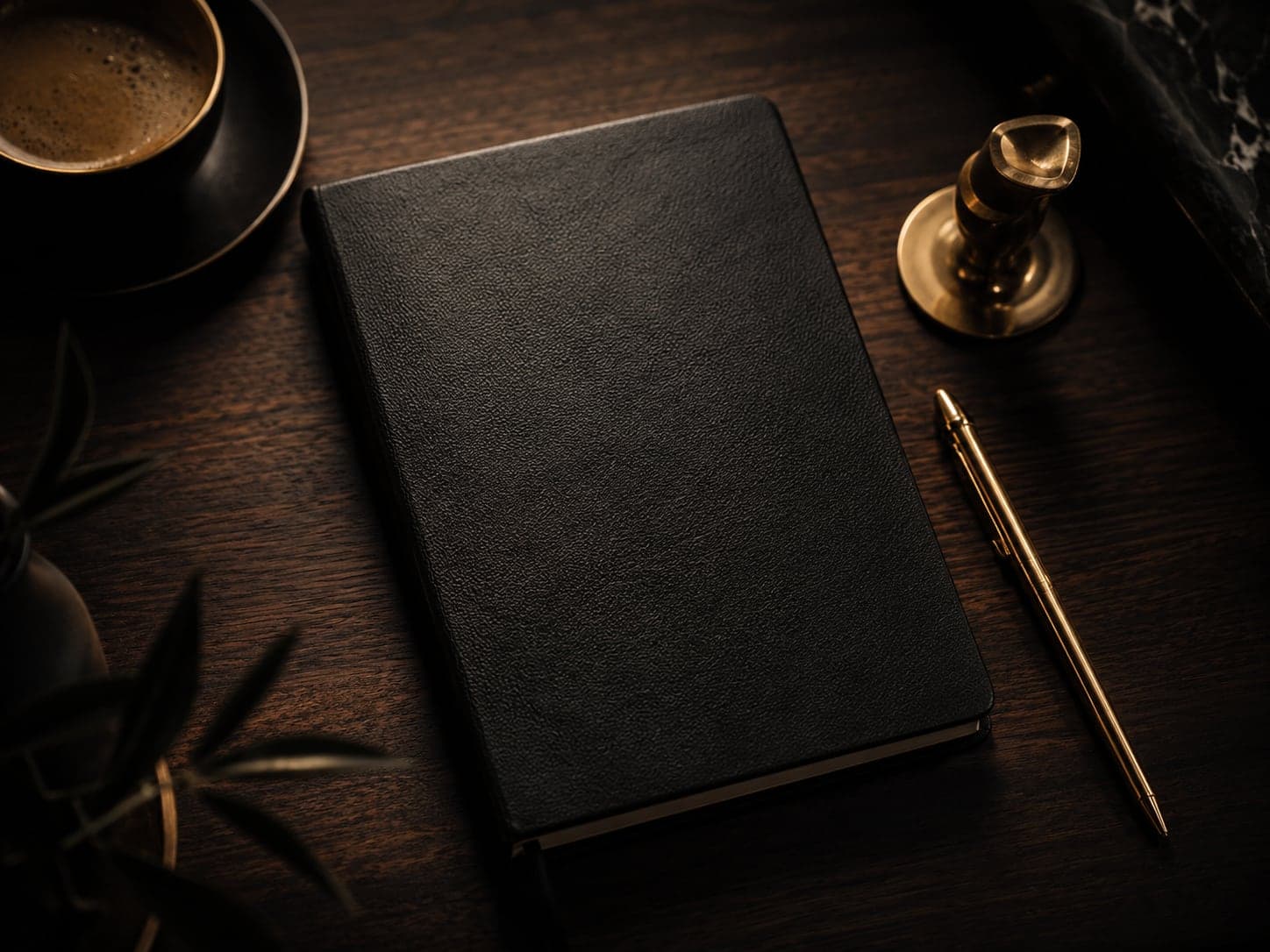 Al Ranim Properties advisory: a leather notebook, gold pen and coffee on a dark walnut desk