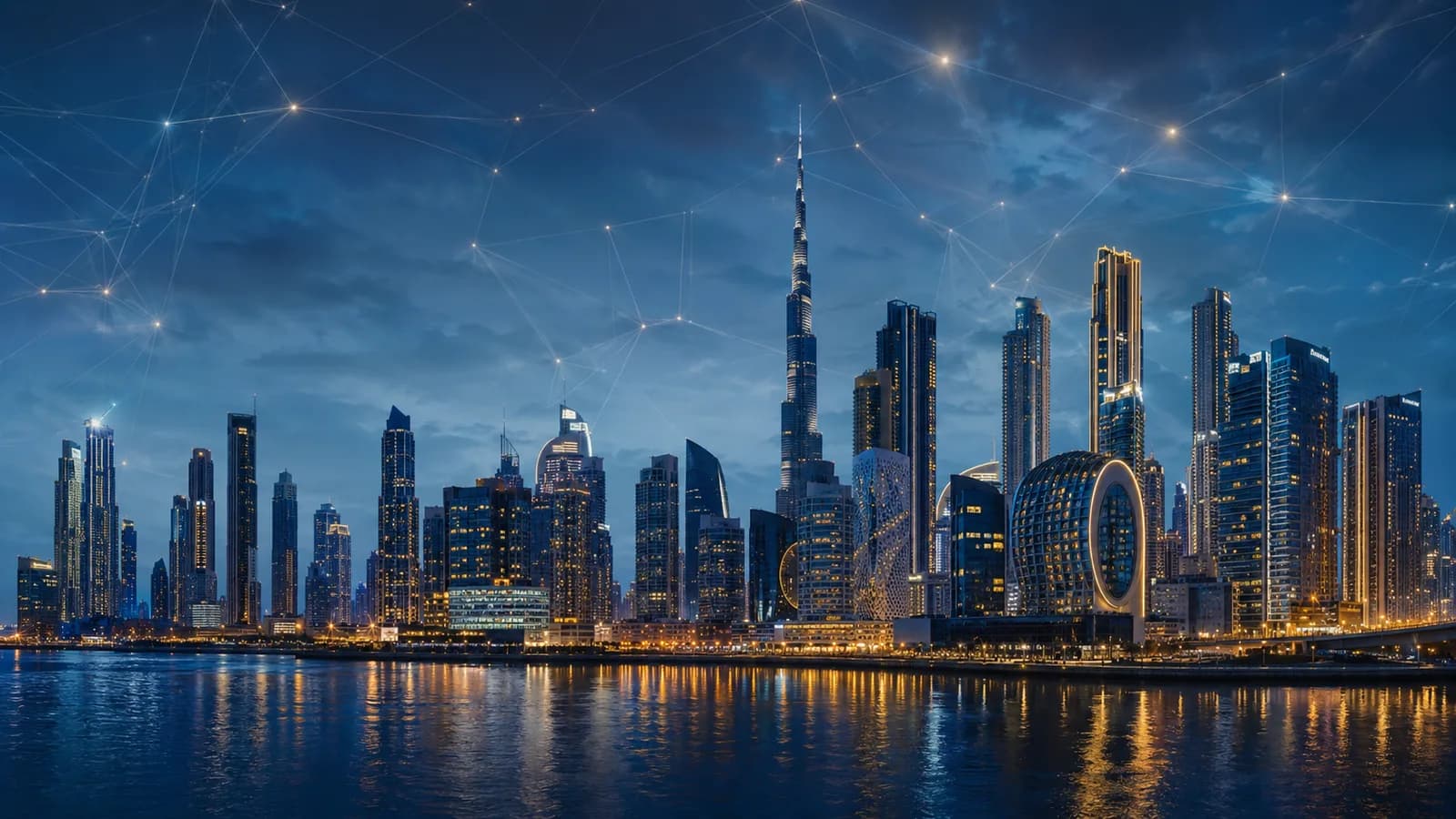 Futuristic Dubai skyline at blue hour with digital blockchain network motifs