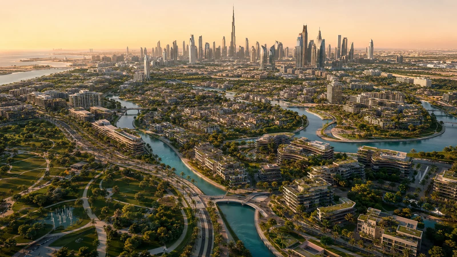 Futuristic green Dubai cityscape of 2040 with parks, towers and water canals