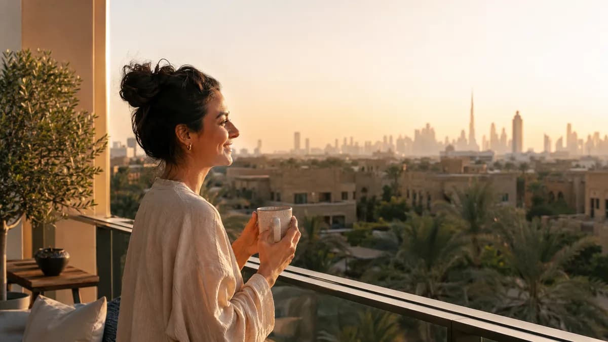 A woman with a coffee on her Dubai apartment balcony, looking out over the residential neighbourhood and skyline at golden hour