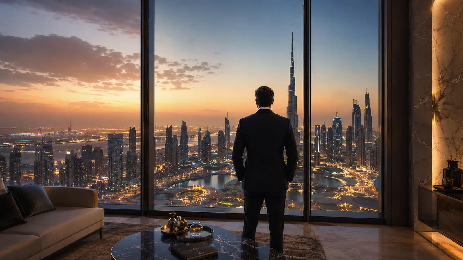 Investor looking out over the Dubai skyline at dusk from a penthouse window
