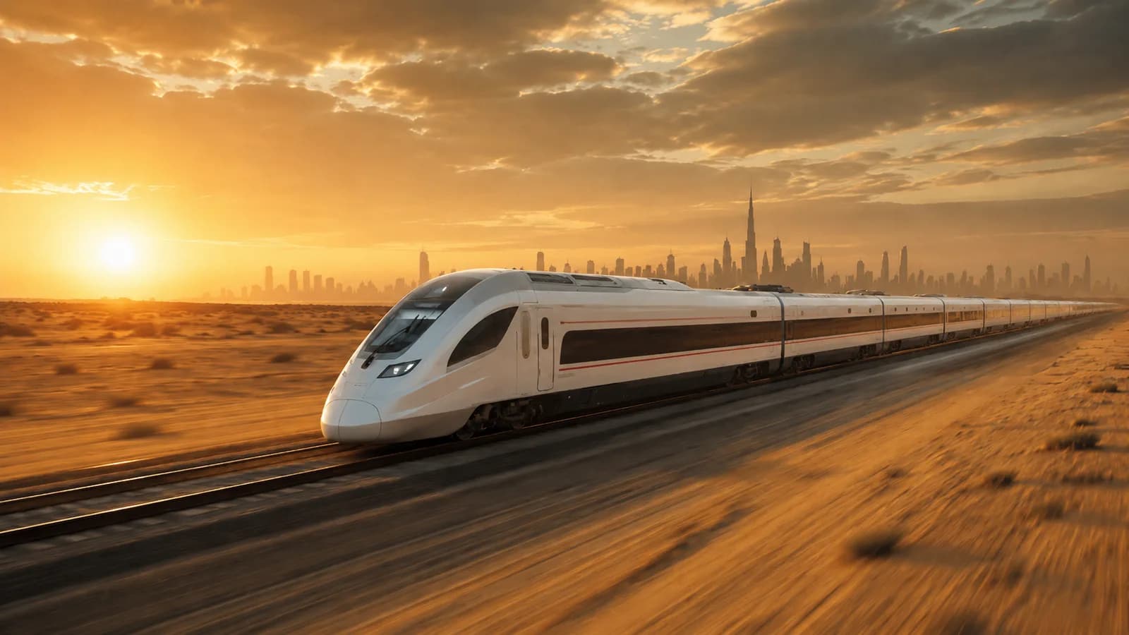 Modern Etihad Rail passenger train speeding through the UAE desert toward the Dubai skyline