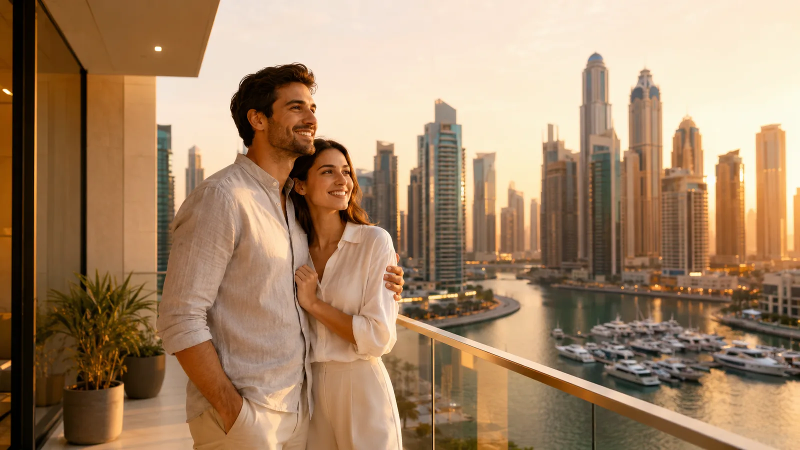 First-time-buyer couple on a new Dubai apartment balcony at sunset with the Marina skyline behind