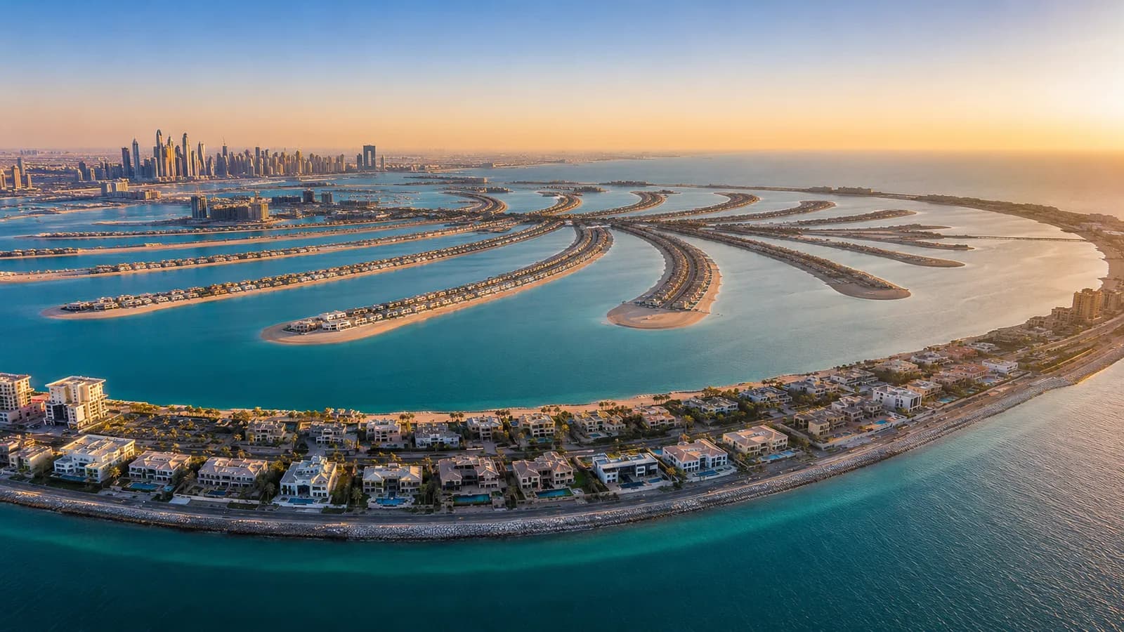 Aerial view of Palm Jebel Ali's palm-frond islands in turquoise Gulf water