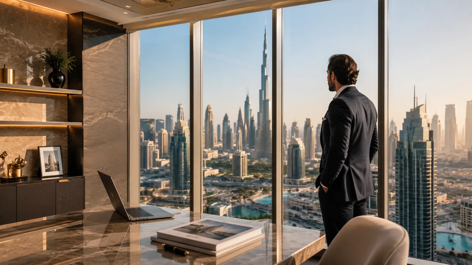 Real estate professional in a bright Dubai office with floor-to-ceiling skyline views