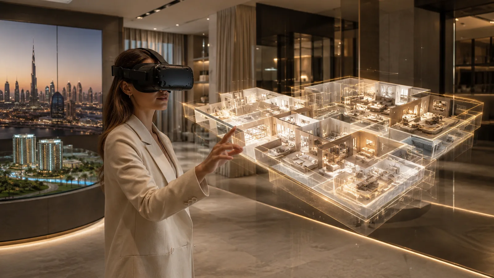 Person using a VR headset to tour a holographic 3D model of a Dubai apartment