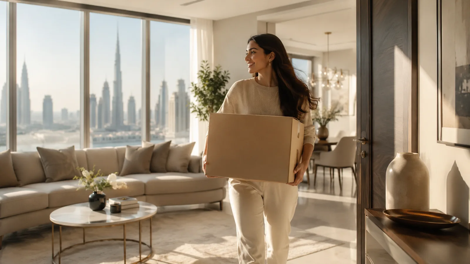 Tenant carrying a moving box into a bright modern Dubai apartment