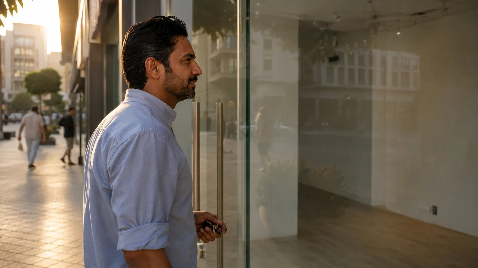A retail shop owner standing at the glass storefront of an empty commercial unit in a Dubai community plaza at golden hour, keys in hand