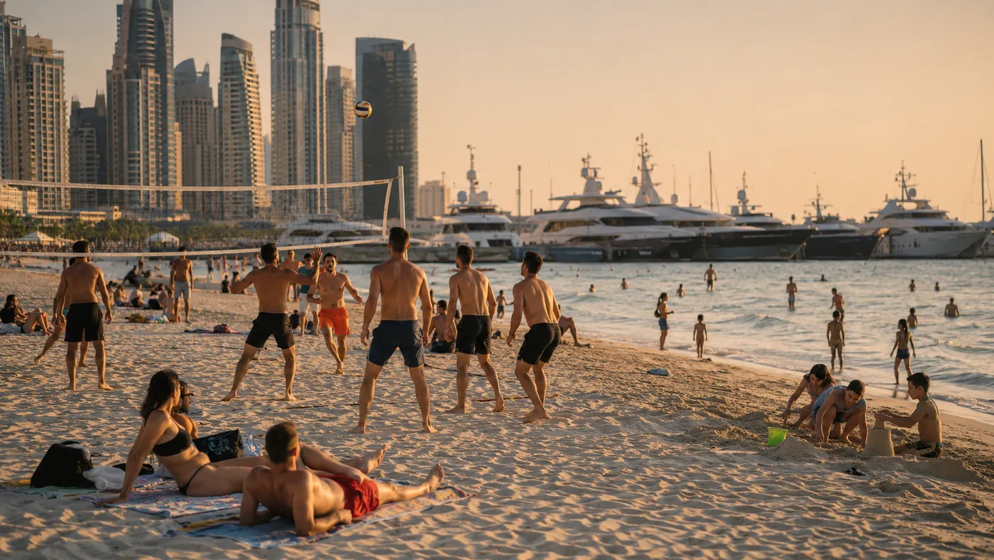 Friends playing beach volleyball beside the marina at Dubai Harbour, one of the best waterfront areas to live in Dubai