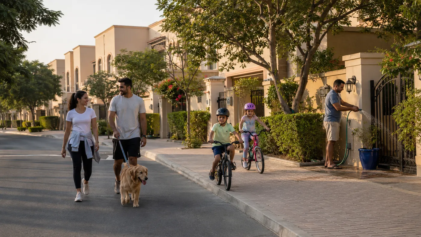 Family walking their dog along a townhouse street in Al Furjan, a practical family community in Dubai