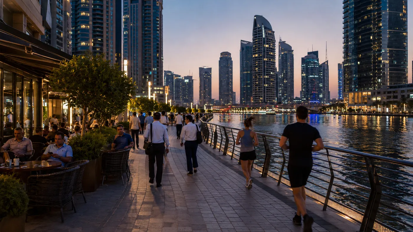 Joggers and cafe visitors on the Business Bay canal promenade at dusk in Dubai