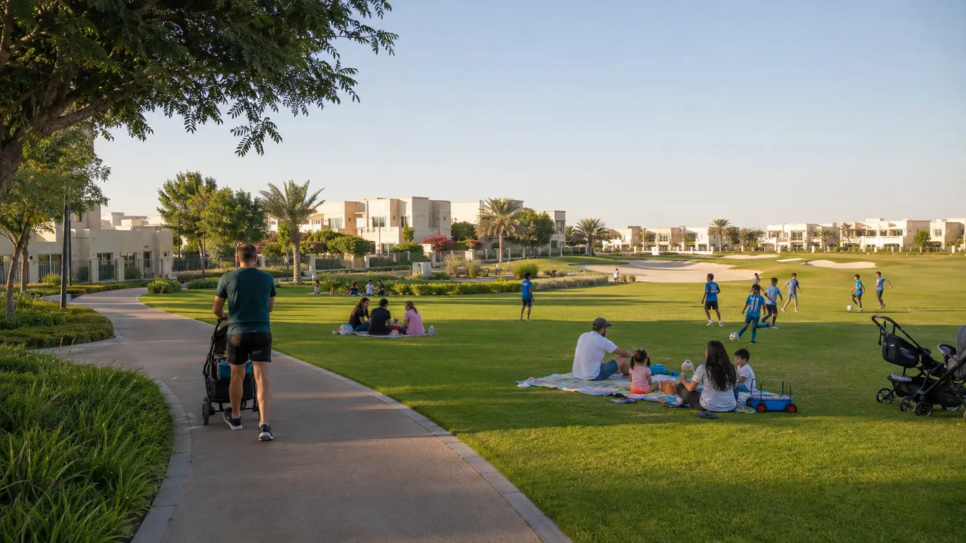Families picnicking in a Dubai Hills Estate park, one of the best areas to live in Dubai with family