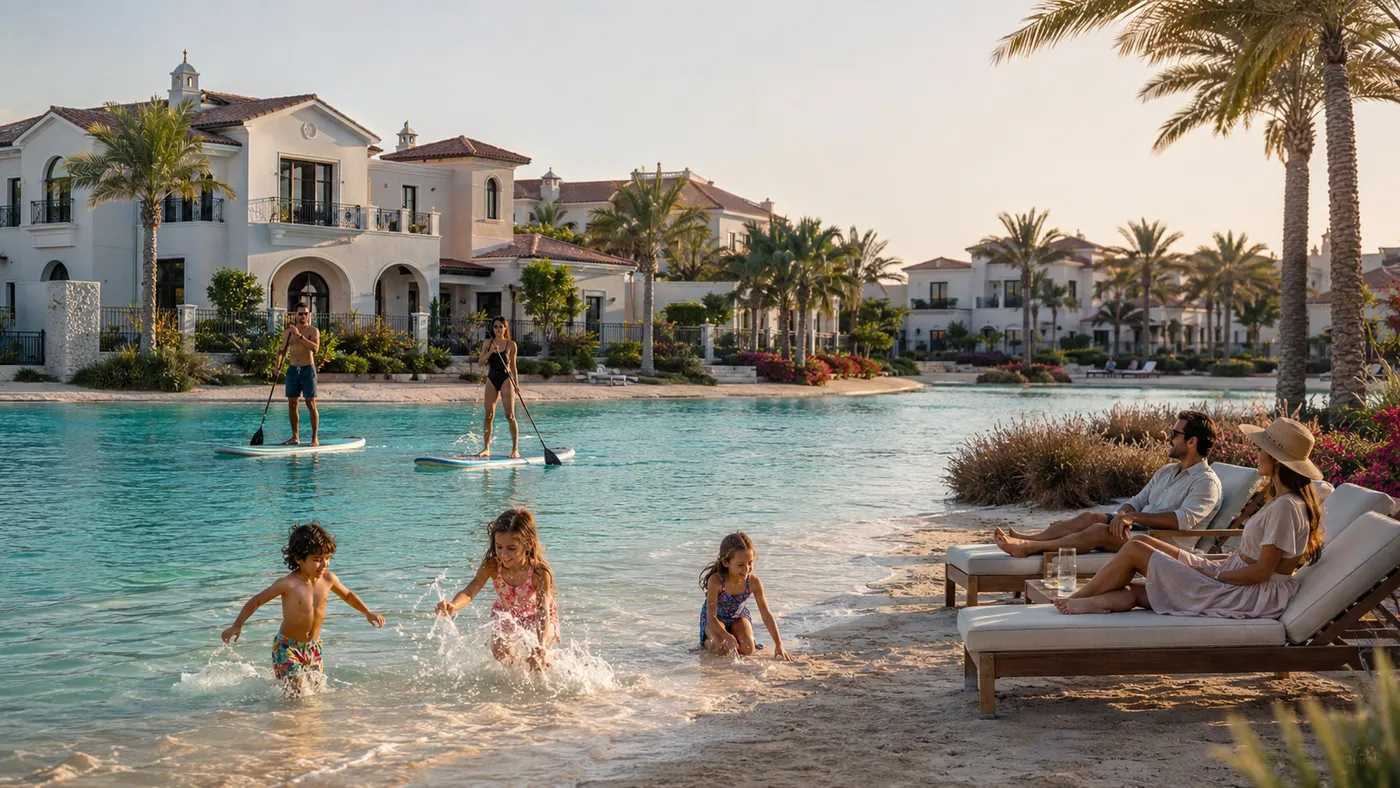 Families swimming and paddleboarding in the crystal lagoon at DAMAC Lagoons in Dubai