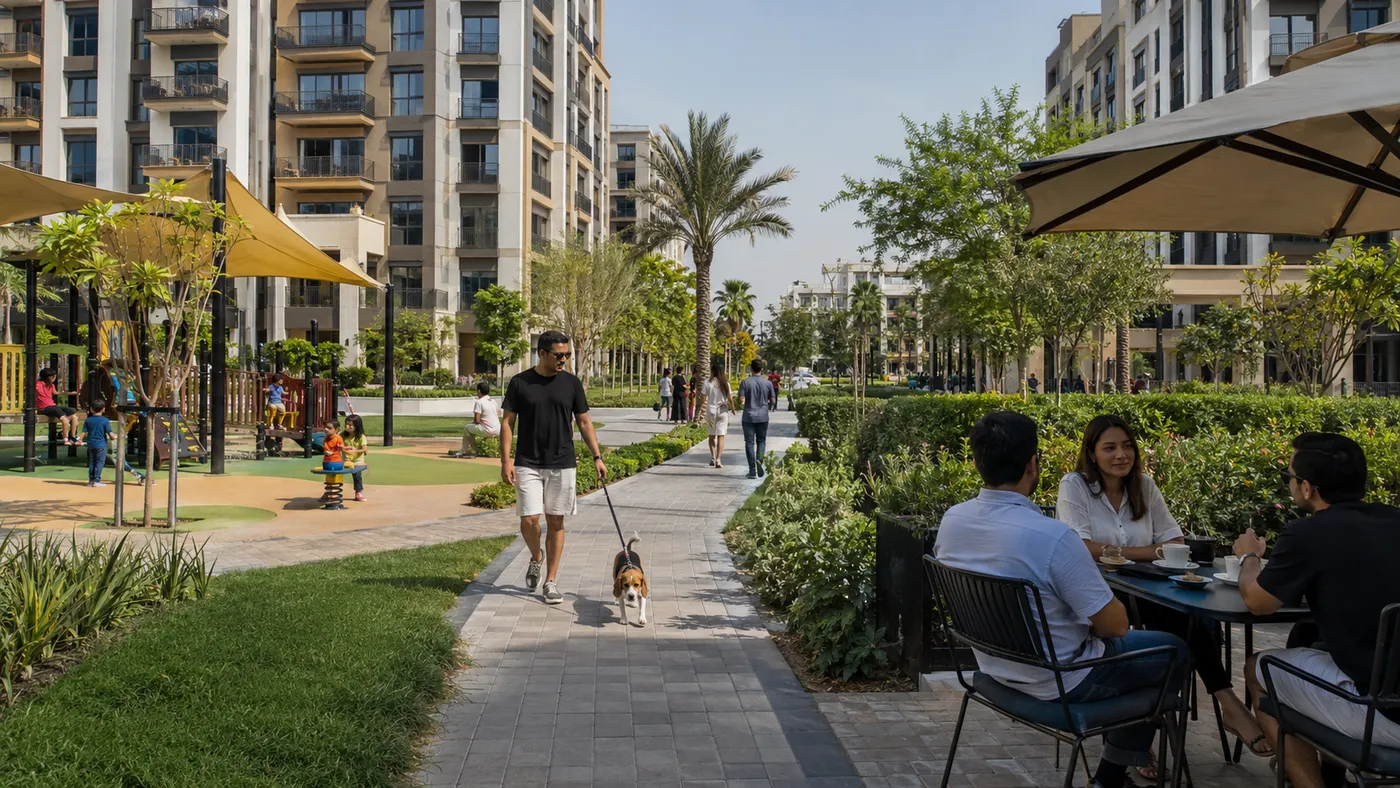 Children playing at a community park between JVC apartment buildings, an affordable area to live in Dubai