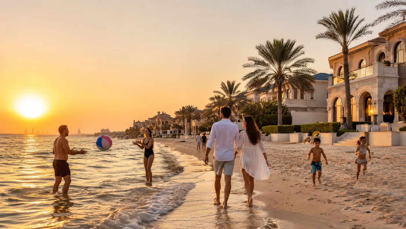 Family enjoying the beach at sunset in front of Palm Jumeirah villas in Dubai