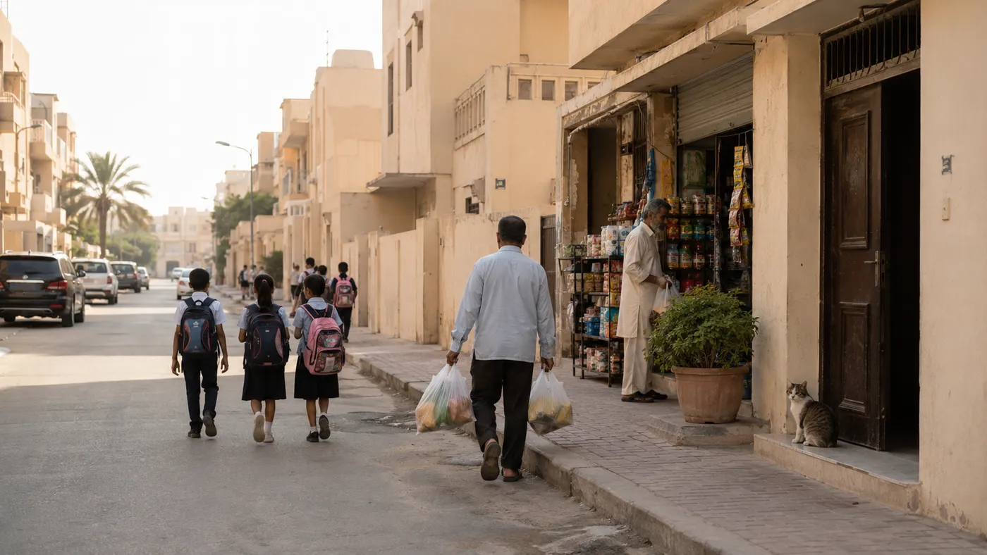 Everyday neighbourhood life on a residential street in one of the cheapest areas to live in Dubai