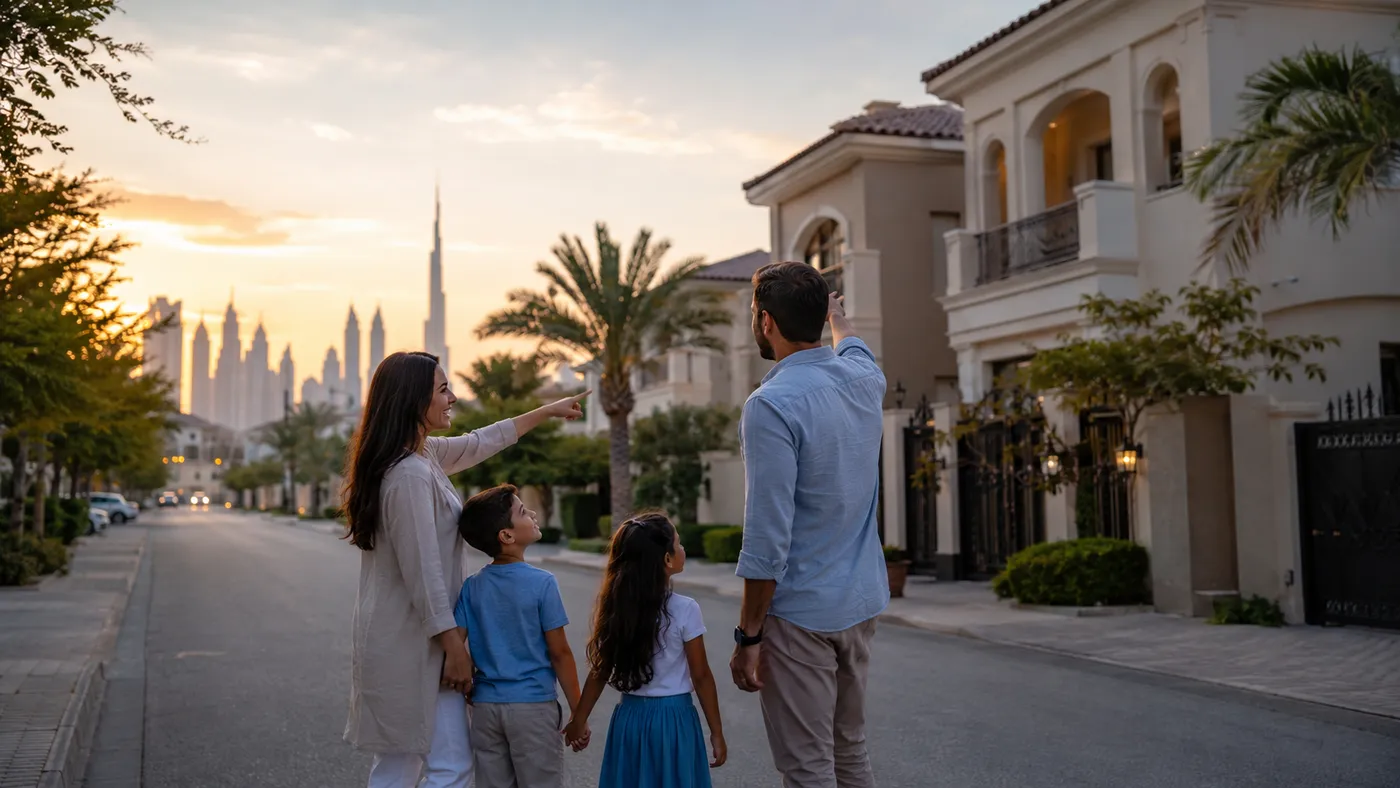 Family viewing a villa on a quiet Dubai street while choosing the best area to live in Dubai