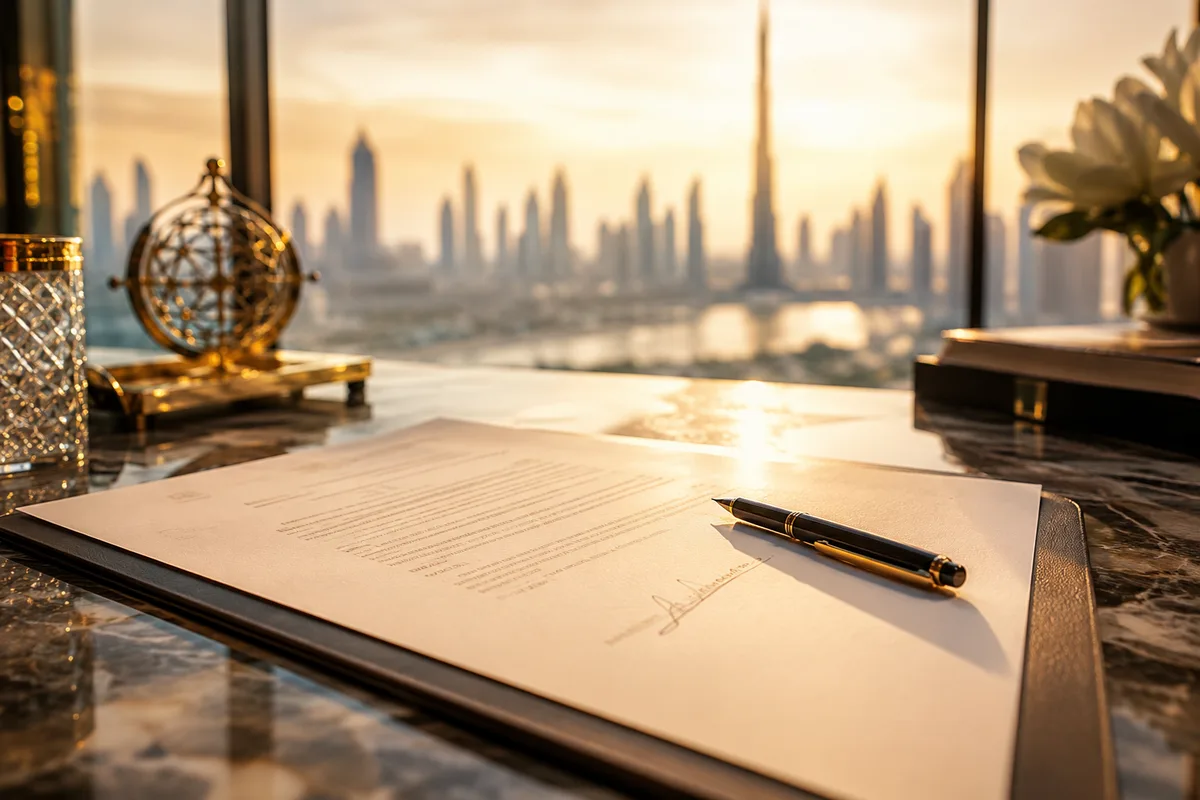 Signed property sale agreement and pen on a marble desk with the Dubai skyline behind