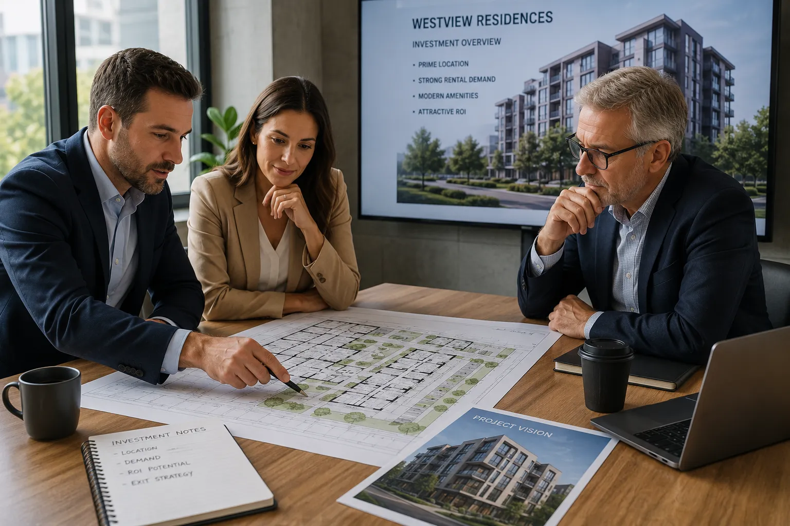 Investors and an advisor reviewing a Dubai property investment plan