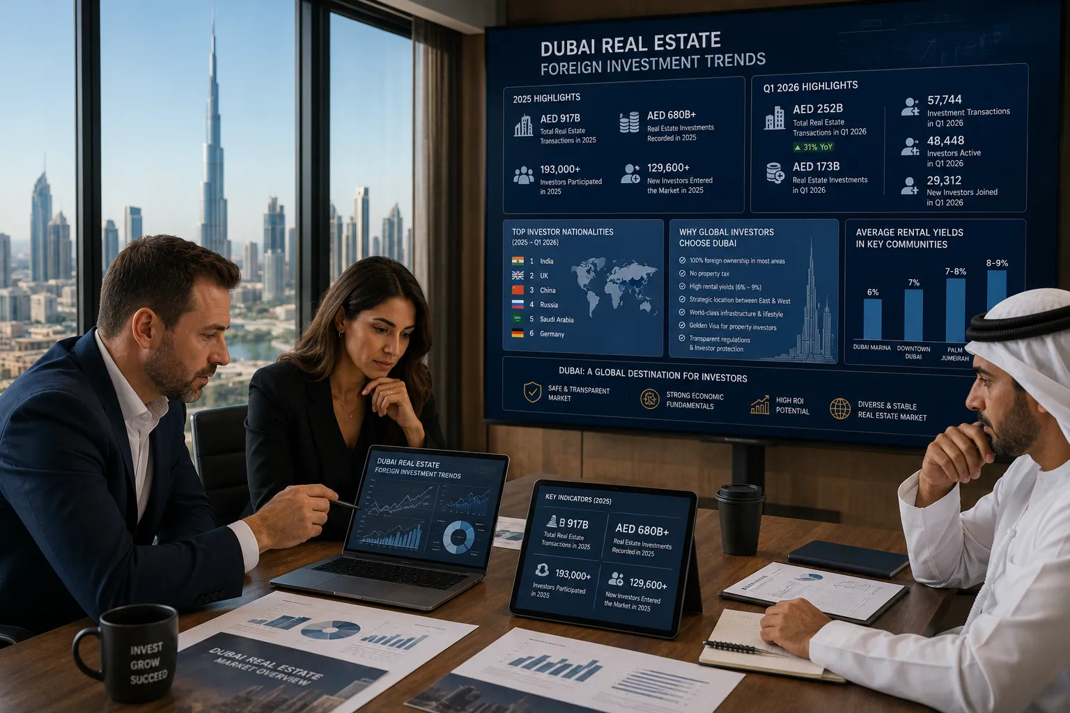 Investors reviewing Dubai real estate foreign investment data in a meeting