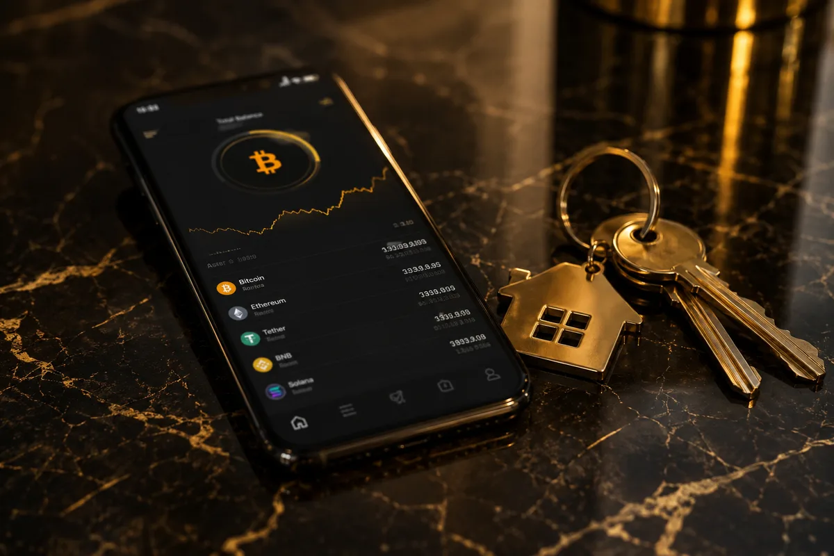 Smartphone showing a crypto wallet beside property keys on a dark marble surface