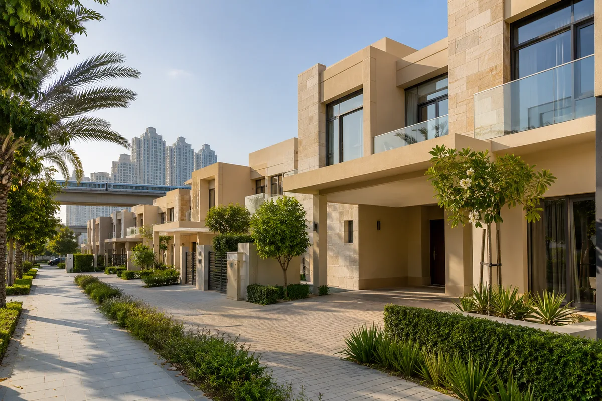 Street-level contemporary Al Furjan townhouse with the Dubai Metro line in the distance