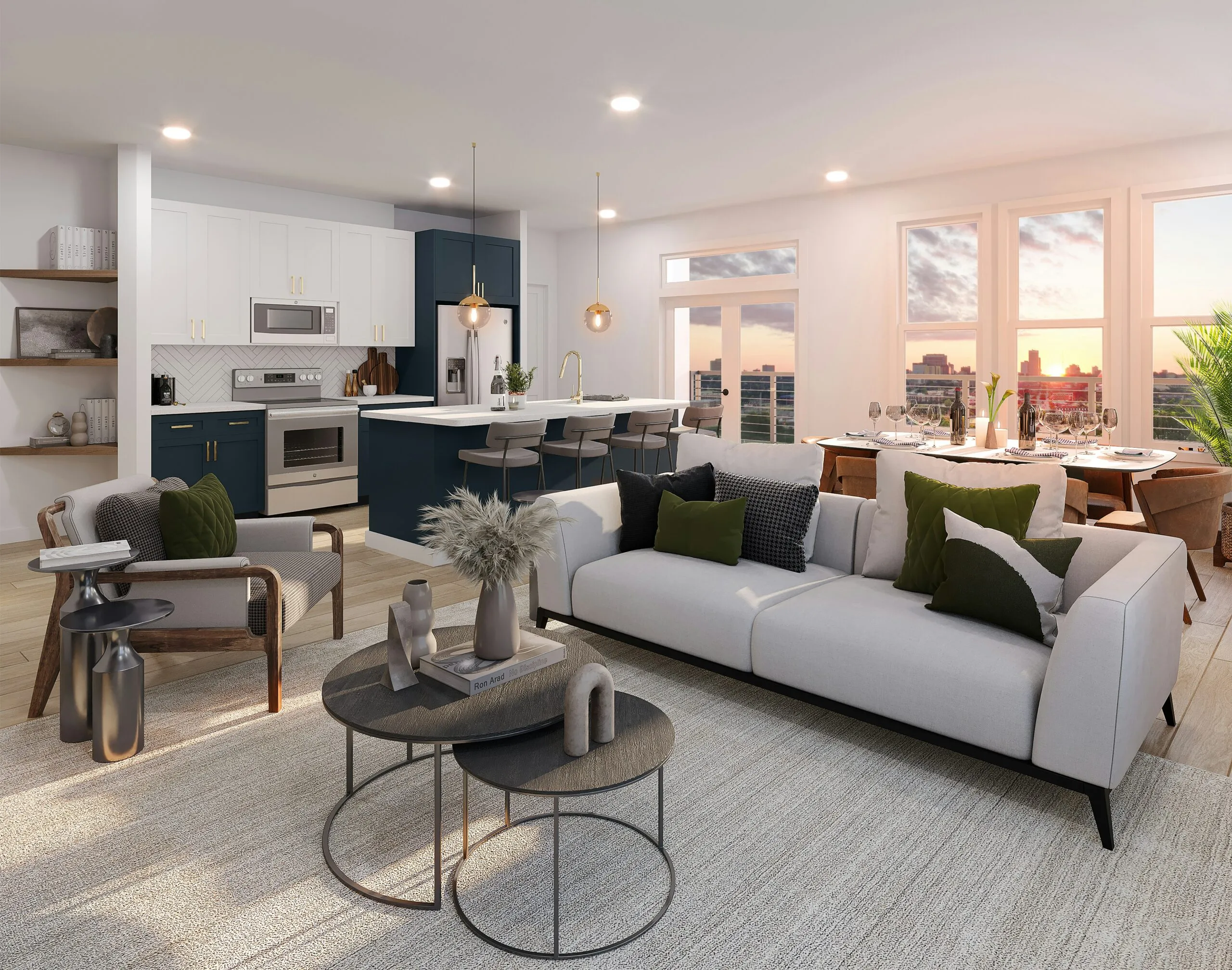Modern open-plan living room and kitchen in a Dubai apartment