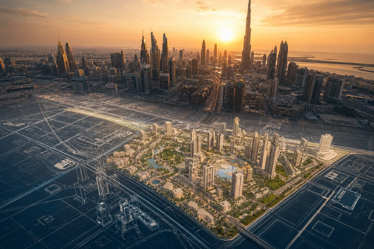 Architect's masterplan blueprint blending into a real Dubai cityscape