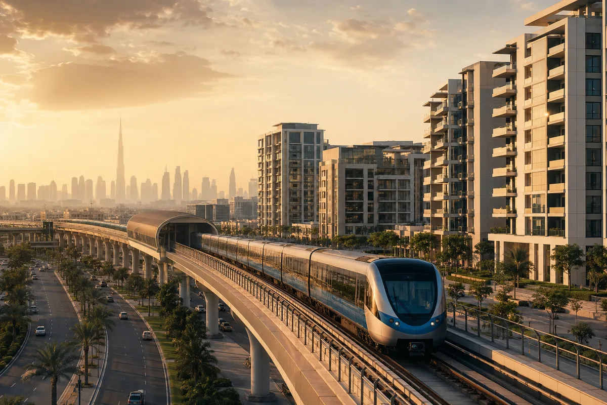 A modern Dubai Metro train on an elevated viaduct passing new residential and commercial towers in Dubai