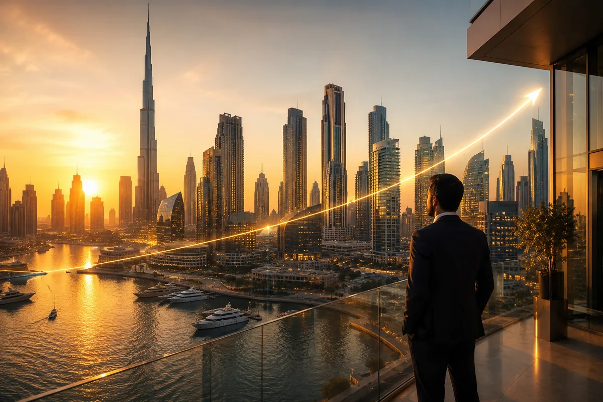 Upward market-growth line over a Dubai cityscape at golden hour