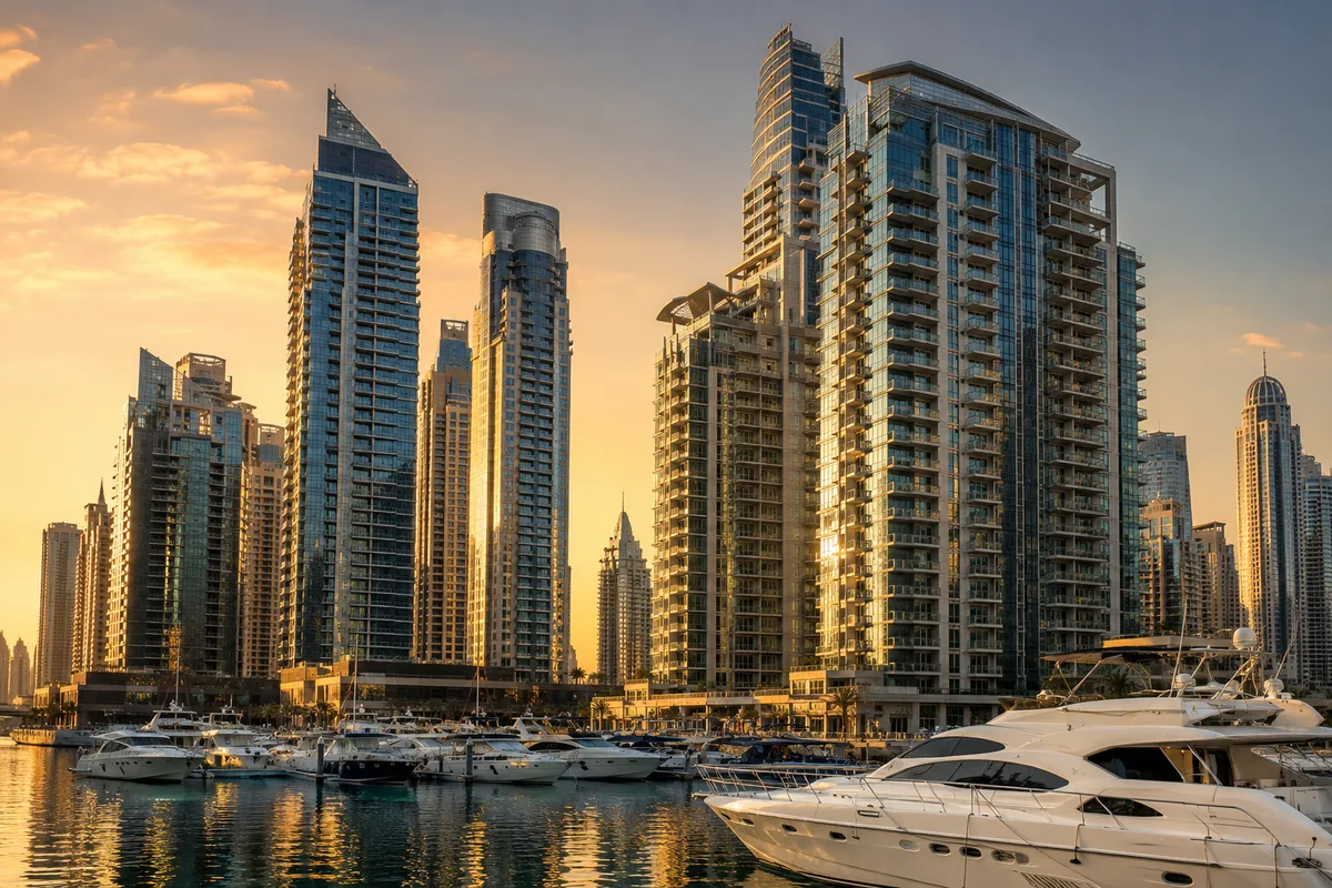 Dubai Marina waterfront residential towers at golden hour with yachts moored below
