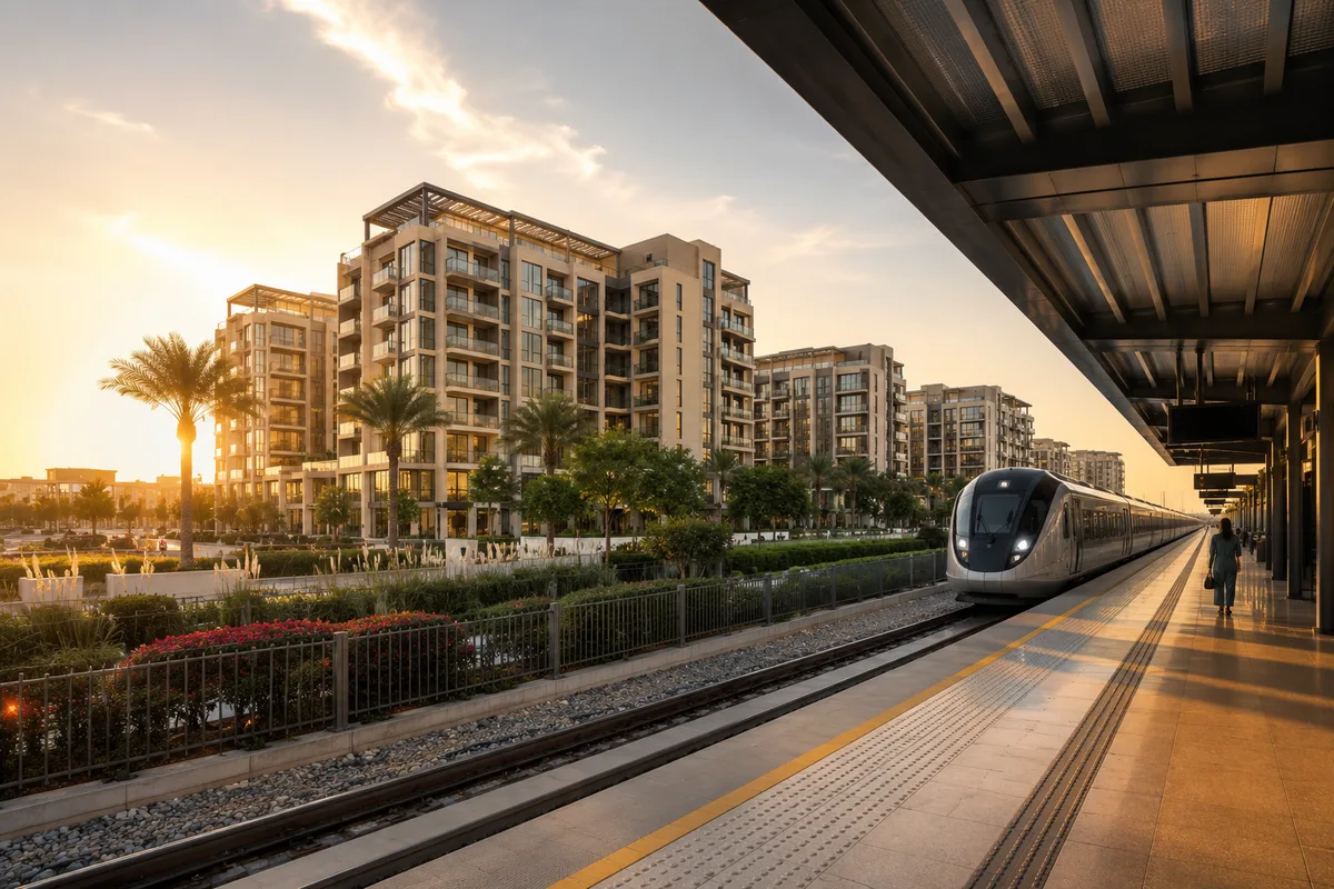 Modern rail station platform beside a new Dubai residential development