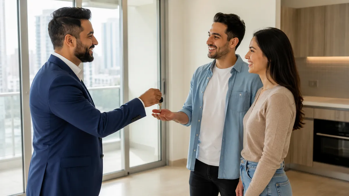 A real estate agent handing over the apartment keys to a happy couple in a bright Dubai home