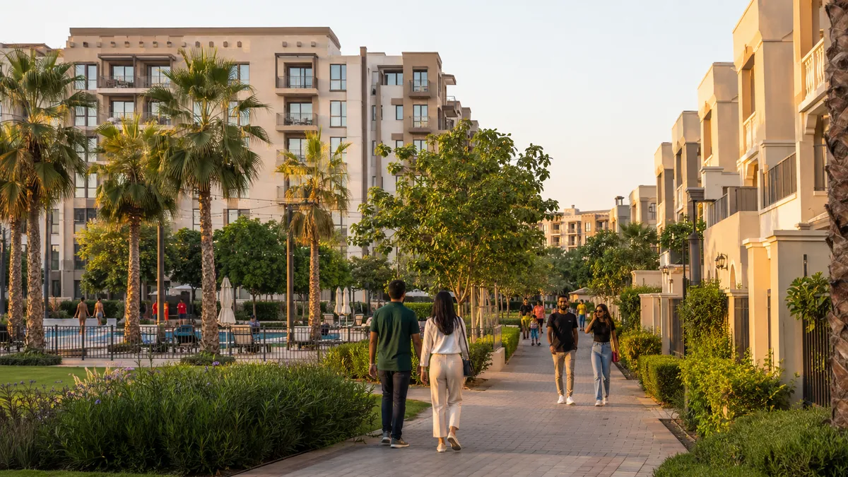 Residents walking along a leafy, palm-lined path in a Dubai residential community in the late afternoon
