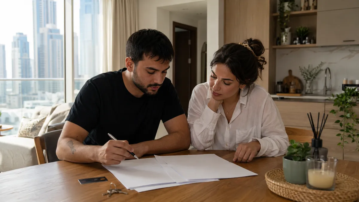 A couple at their kitchen table in Dubai reviewing a tenancy contract, with house keys and a bank card beside them