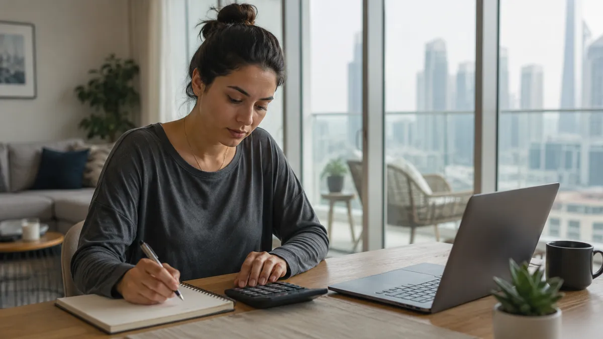 A woman at her home desk in Dubai working out her rent budget with a calculator, a notebook and a laptop