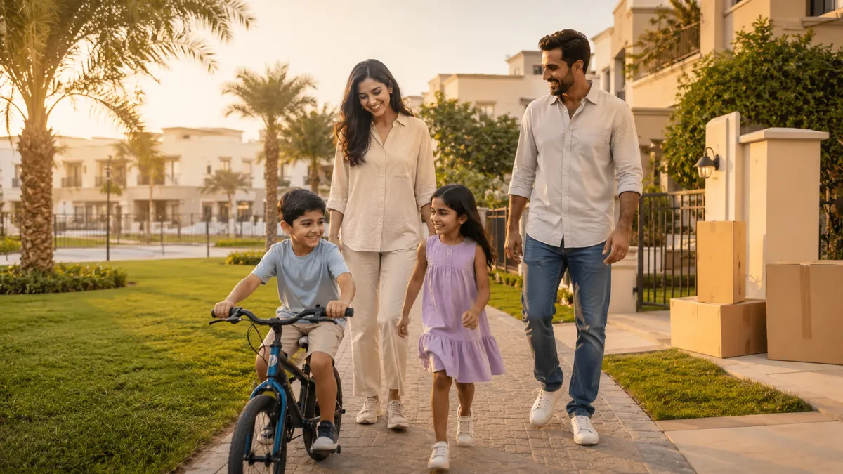 A family with two children walking outside their Dubai townhouse at golden hour
