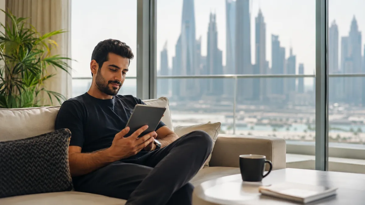 A young man relaxing in his Dubai apartment reading the latest property news on a tablet