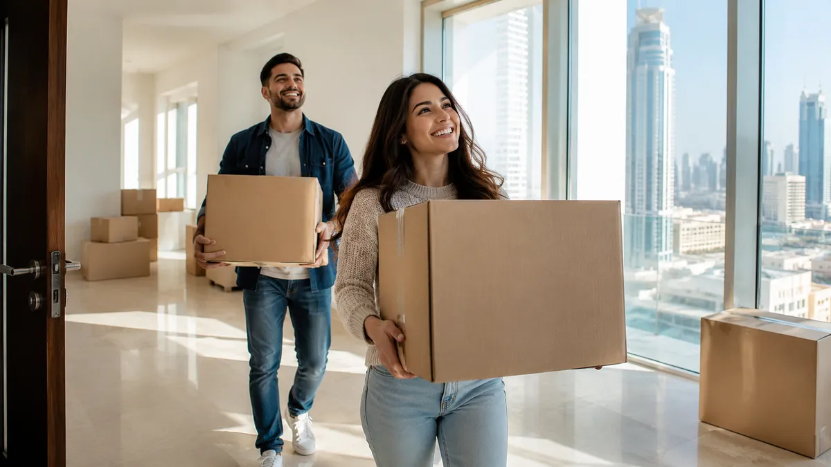 A happy young couple carrying moving boxes into their bright, new Dubai apartment