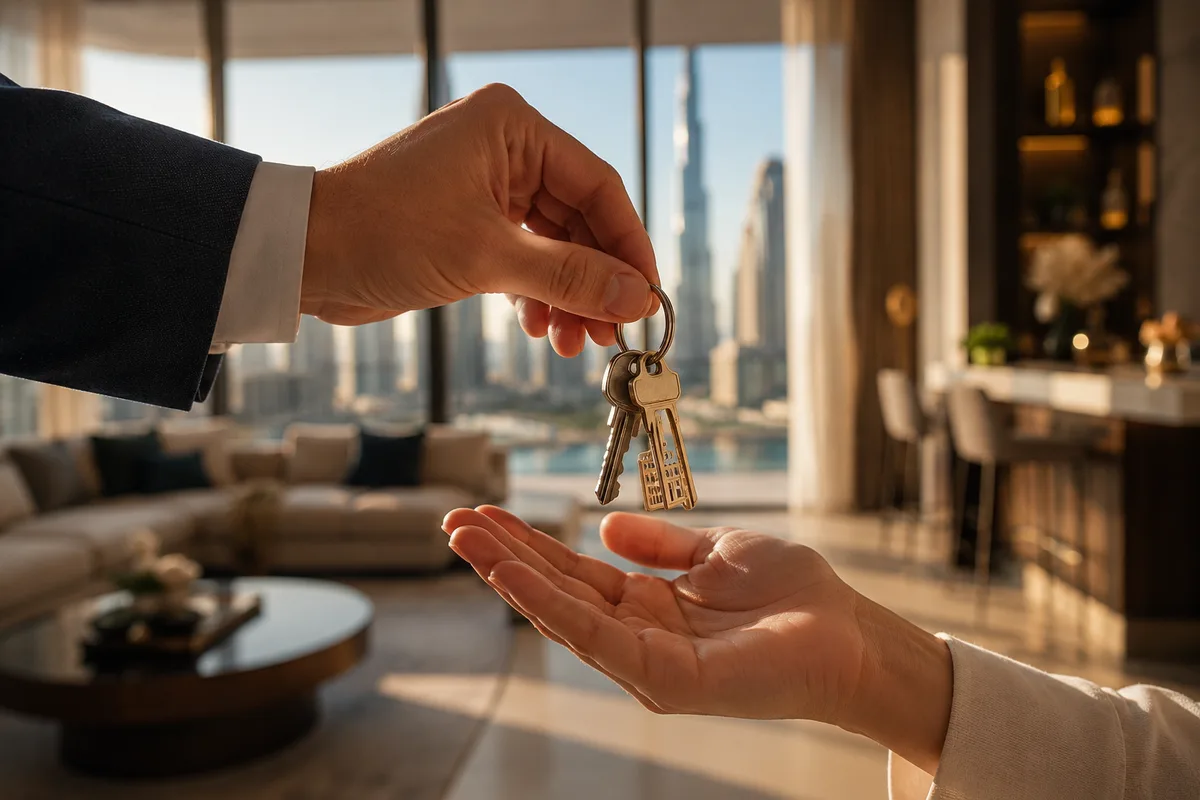 Hands receiving apartment keys with a modern Dubai apartment interior behind