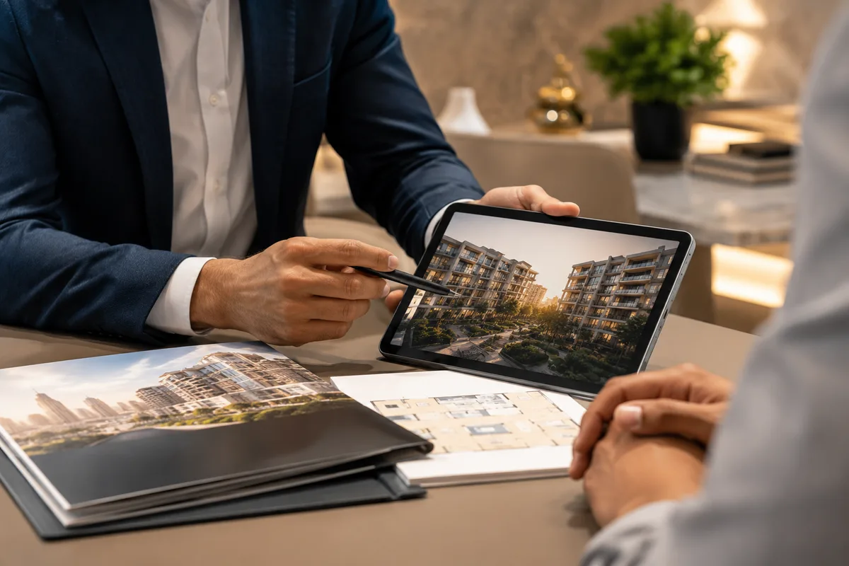 Real estate consultant showing a client a property brochure in a modern Dubai office