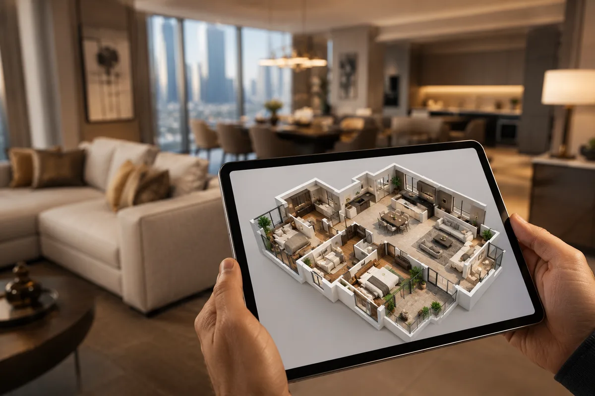 Tablet showing an interactive 3D floor plan in front of a modern Dubai property