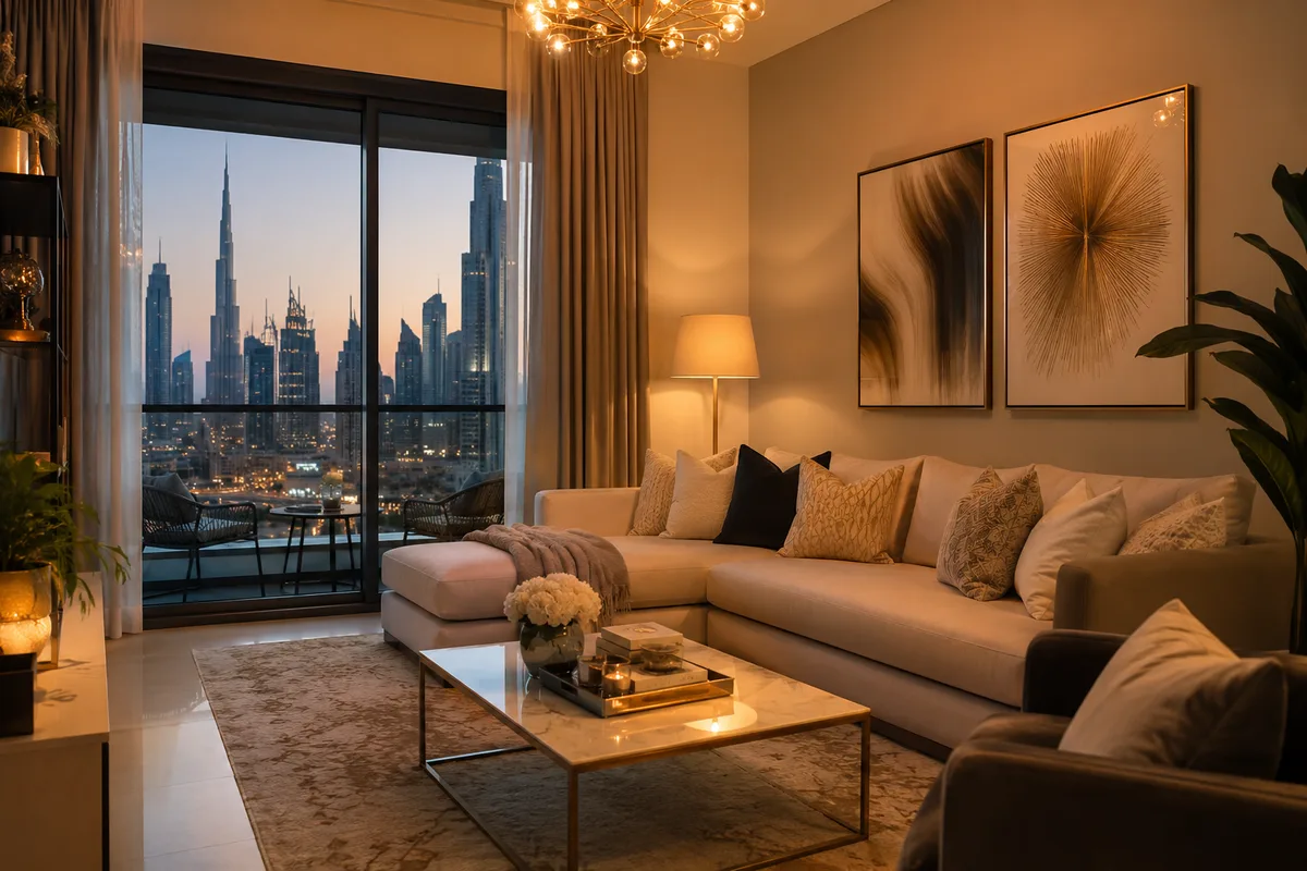 Cosy furnished Dubai rental living room with a skyline view in warm evening light