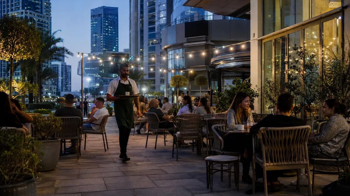 Customers seated on an outdoor cafe terrace at the base of a Dubai commercial tower during the blue hour