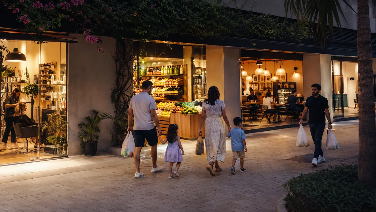 A family with two young children walking past lit retail shopfronts on a Dubai community street in the evening